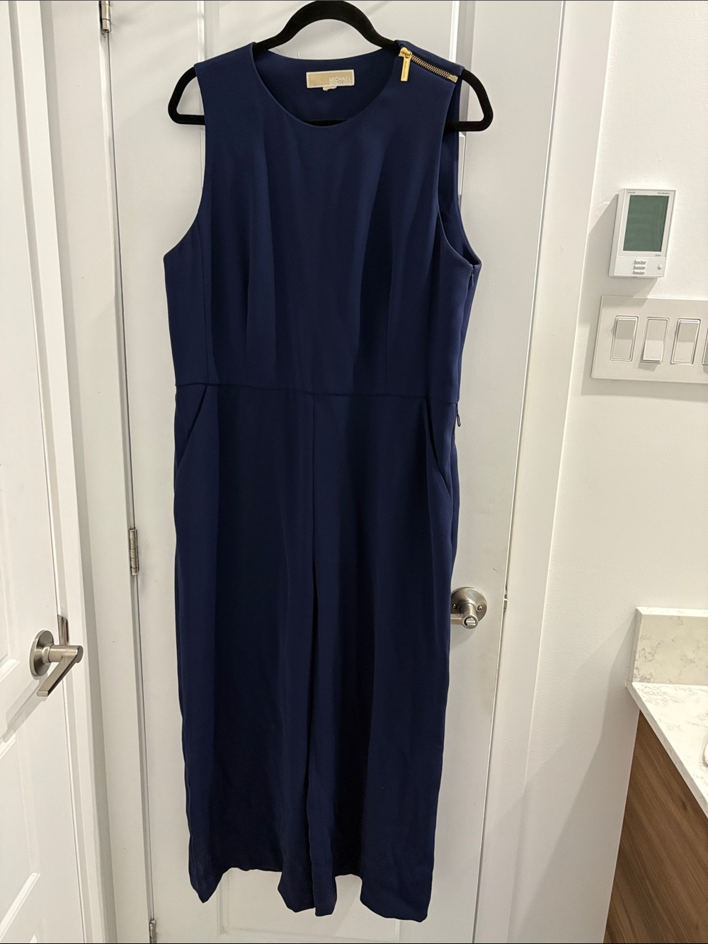 Michael Kors Collection Navy Sleeveless Jumpsuit with Gold Zip